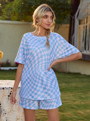 Plaid Round Neck Top and Shorts Lounge Set - 808Lush