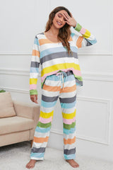 Striped Round Neck Long Sleeve Top and Drawstring Pants Lounge Set - 808Lush