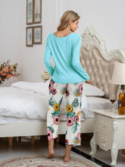 Round Neck Top and Printed Pants Lounge Set - 808Lush