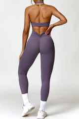 Ruched Halter Neck Bra and Pocketed Leggings Active Set - 808Lush