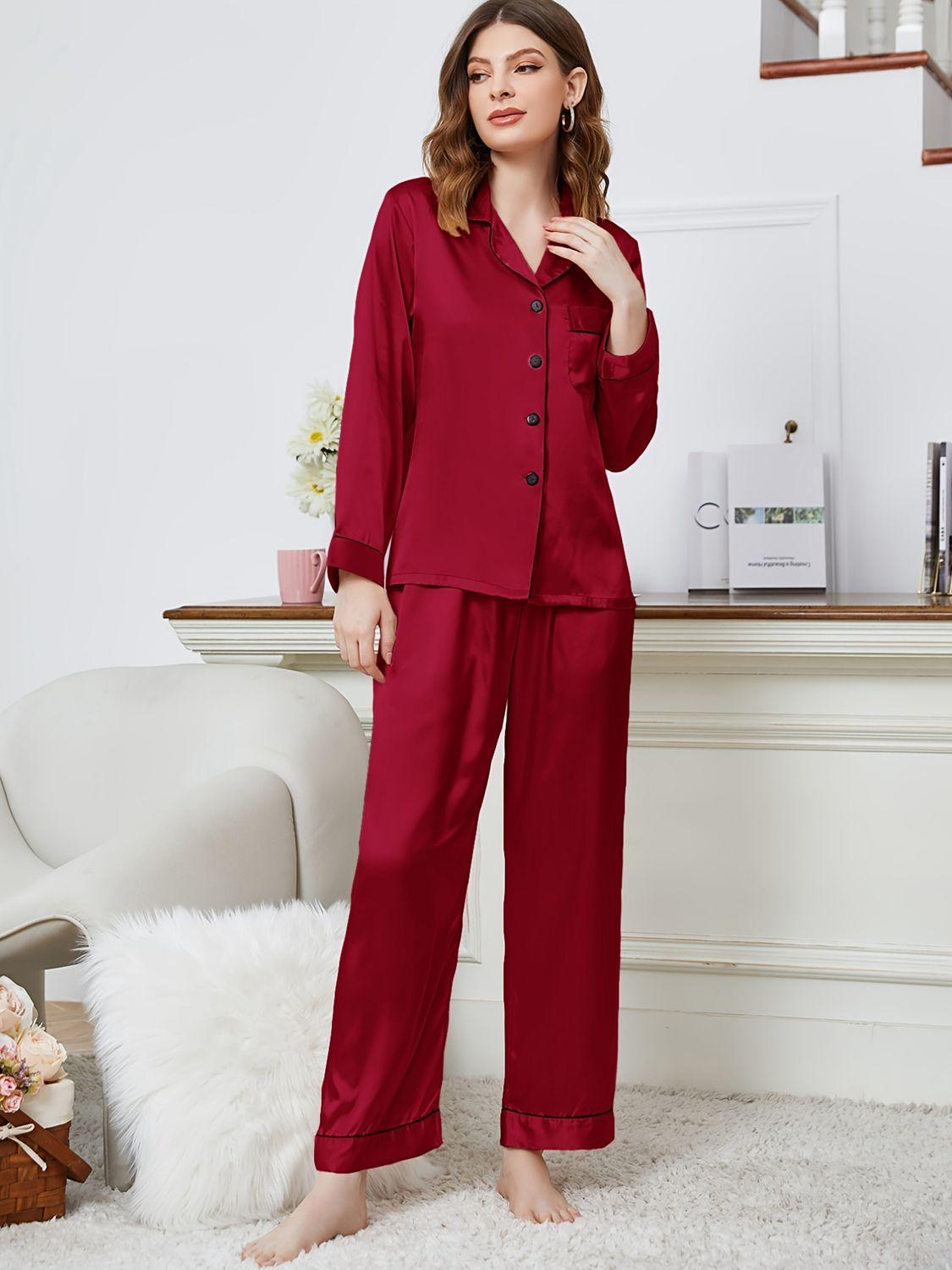 Lapel Collar Long Sleeve Top and Pants Pajama Set - 808Lush