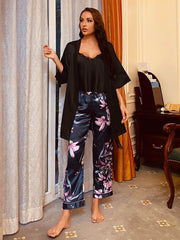 Cami, Robe, and Printed Pants Pajama Set - 808Lush