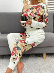 Printed Round Neck Top and Pants Lounge Set - 808Lush