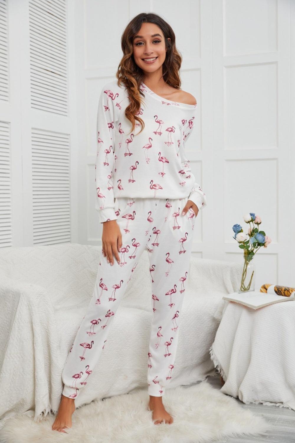 Flamingo Long Sleeve Top and Pants Lounge Set - 808Lush