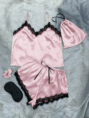 Lace Trim Cami, Shorts, Eye Mask, Scrunchie, and Bag Pajama Set - 808Lush