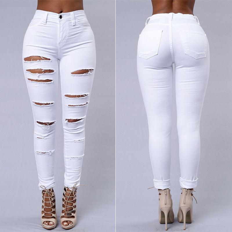 Women High Waist Jeans Stretch Ripped Skinny