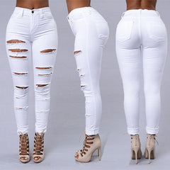 Women High Waist Jeans Stretch Ripped Skinny