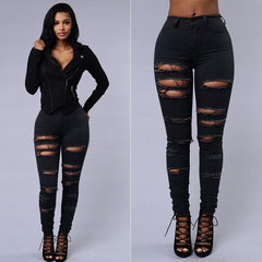 Women High Waist Jeans Stretch Ripped Skinny