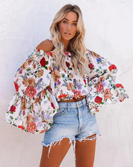 Women Floral Shoulder Trumpet Sleeve High Waist  Top