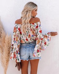 Women Floral Shoulder Trumpet Sleeve High Waist  Top