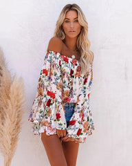 Women Floral Shoulder Trumpet Sleeve High Waist  Top