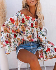 Women Floral Shoulder Trumpet Sleeve High Waist  Top