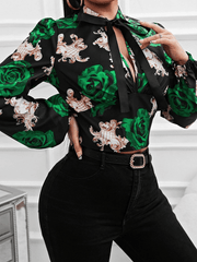 Floral Ribbon Strap Long Sleeve High Waist Top