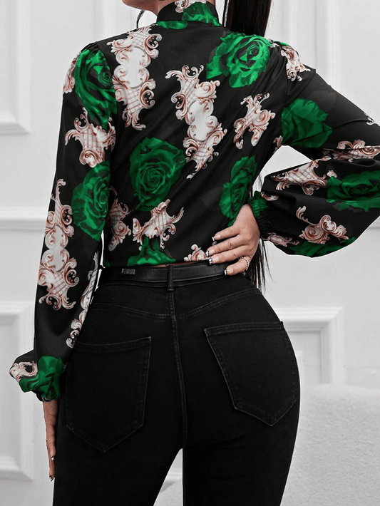 Floral Ribbon Strap Long Sleeve High Waist Top