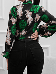 Floral Ribbon Strap Long Sleeve High Waist Top