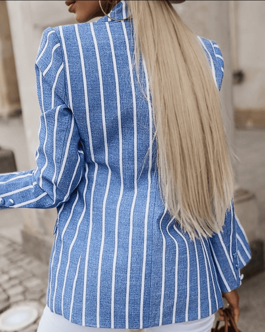 Women Long Sleeve Striped Print Collar Blazer - 808Lush