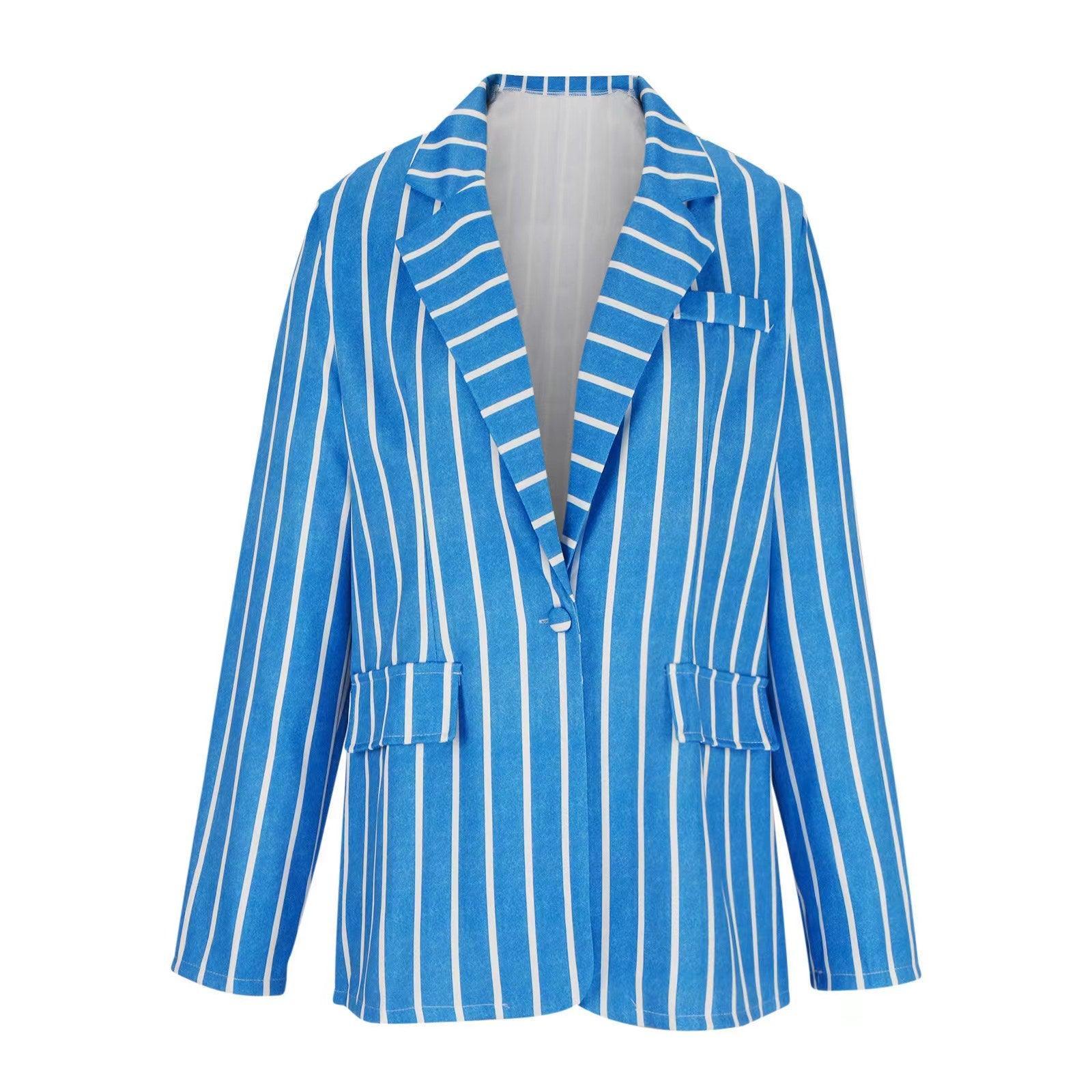 Women Long Sleeve Striped Print Collar Blazer - 808Lush