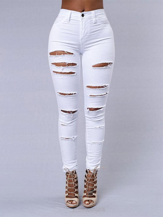 Women High Waist Jeans Stretch Ripped Skinny