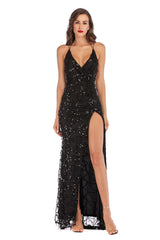 Sexy V neck Backless Slit Sling Gold Sequin Maxi Dress - 808Lush