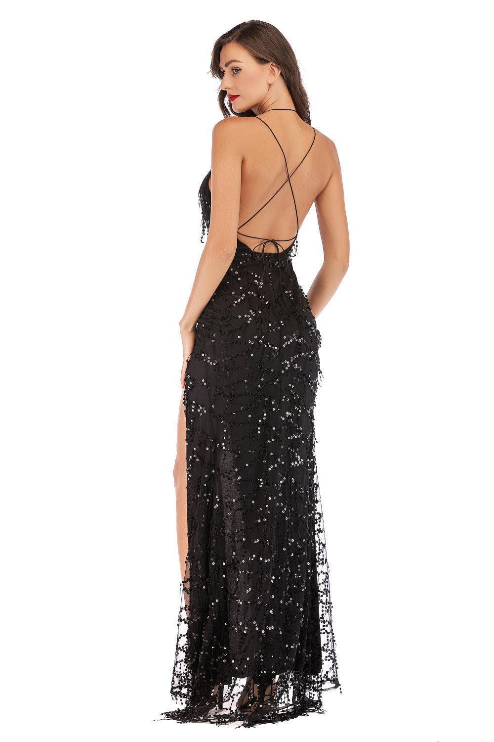 Sexy V neck Backless Slit Sling Gold Sequin Maxi Dress - 808Lush