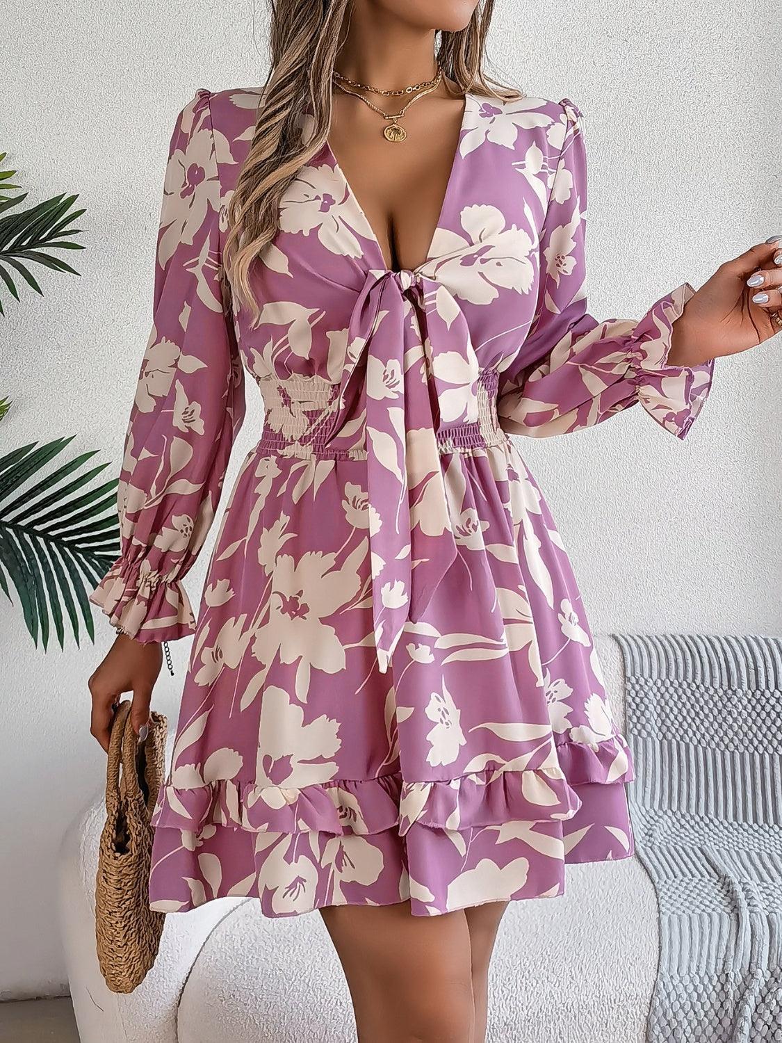 Tied Ruffled Printed Long Sleeve Dress - 808Lush