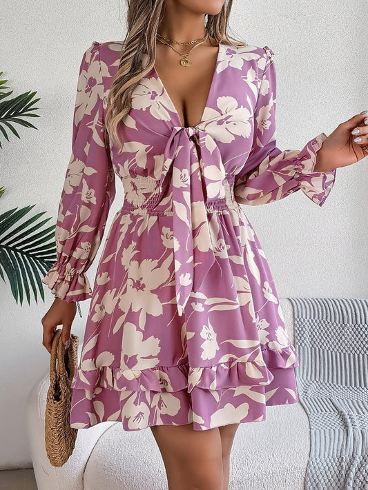 Tied Ruffled Printed Long Sleeve Dress - 808Lush