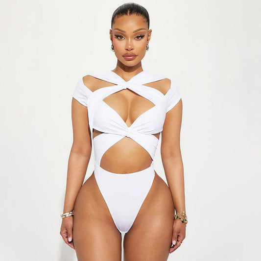 Sexy Lace up Cross Hollow Out Cutout bodysuit - 808Lush