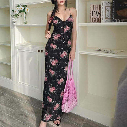Sexy Low-Cut V-neck Floral Printed Mesh Dress - 808Lush