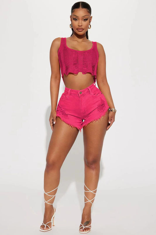 Women Casual Ripped Burr Denim Shorts