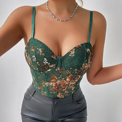 Sexy Embroidered Floral Boning Corset Steel Ring Bodysuit