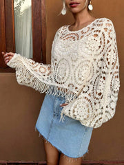 Women Summer Vacation Long Sleeve Mesh Top