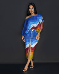 Off Neck Printed Batwing Sleeve Top Split Skirt Two Piece Set