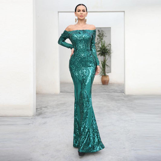 Cocktail Evening Dress Sexy off-Shoulder Long Sleeve Sequined Fishtail Dress - 808Lush
