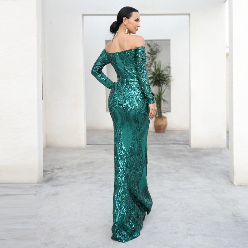 Cocktail Evening Dress Sexy off-Shoulder Long Sleeve Sequined Fishtail Dress - 808Lush