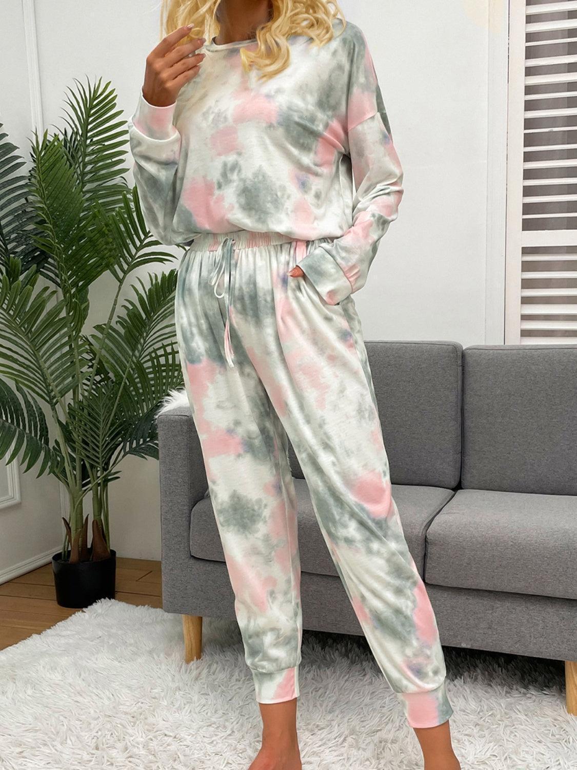 Tie-Dye Round Neck Top and Drawstring Pants Lounge Set - 808Lush