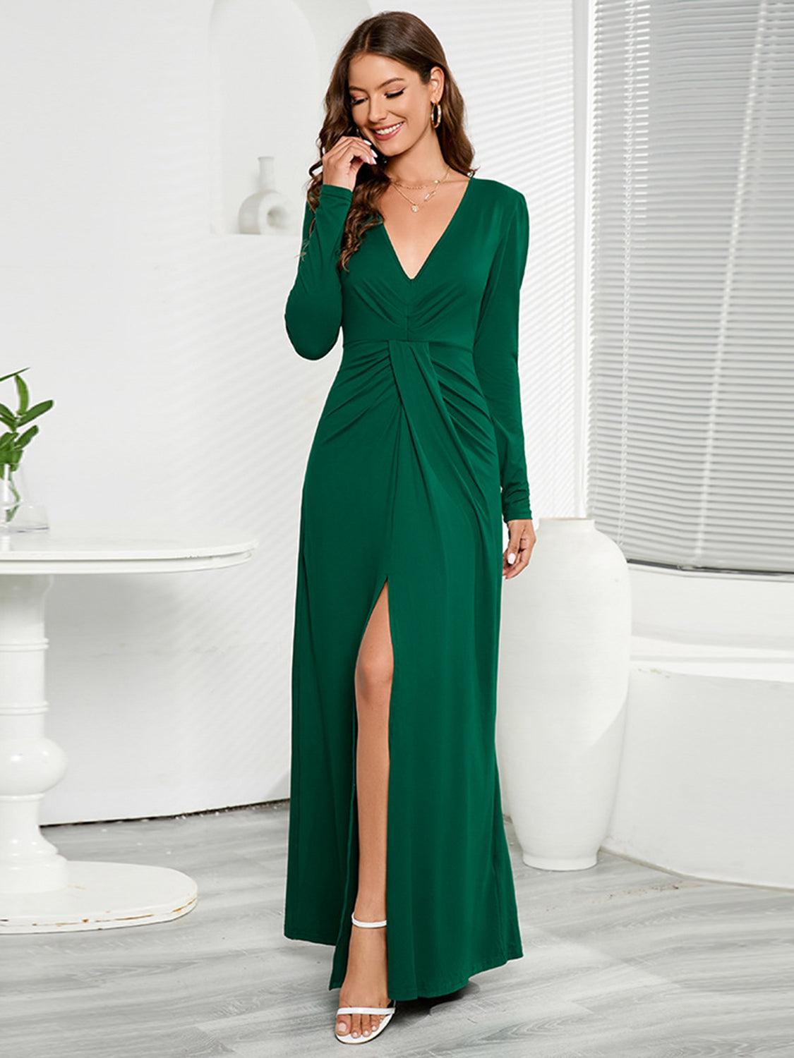 V-Neck Long Sleeve Split Dress - 808Lush