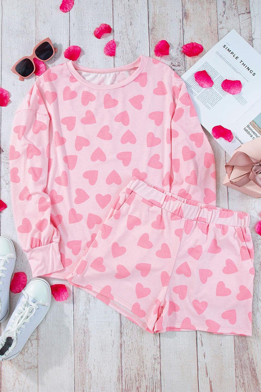 Heart Print Round Neck Top and Shorts Lounge Set - 808Lush
