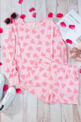 Heart Print Round Neck Top and Shorts Lounge Set - 808Lush