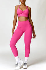 Ruched Halter Neck Bra and Pocketed Leggings Active Set - 808Lush