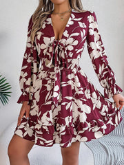 Tied Ruffled Printed Long Sleeve Dress - 808Lush