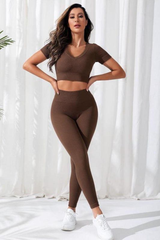 V-Neck Crop Top and High Waistband Long Active Pants - 808Lush