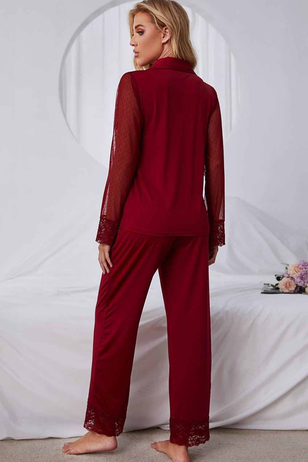 Spliced Lace Lapel Collar Pajama Set - 808Lush