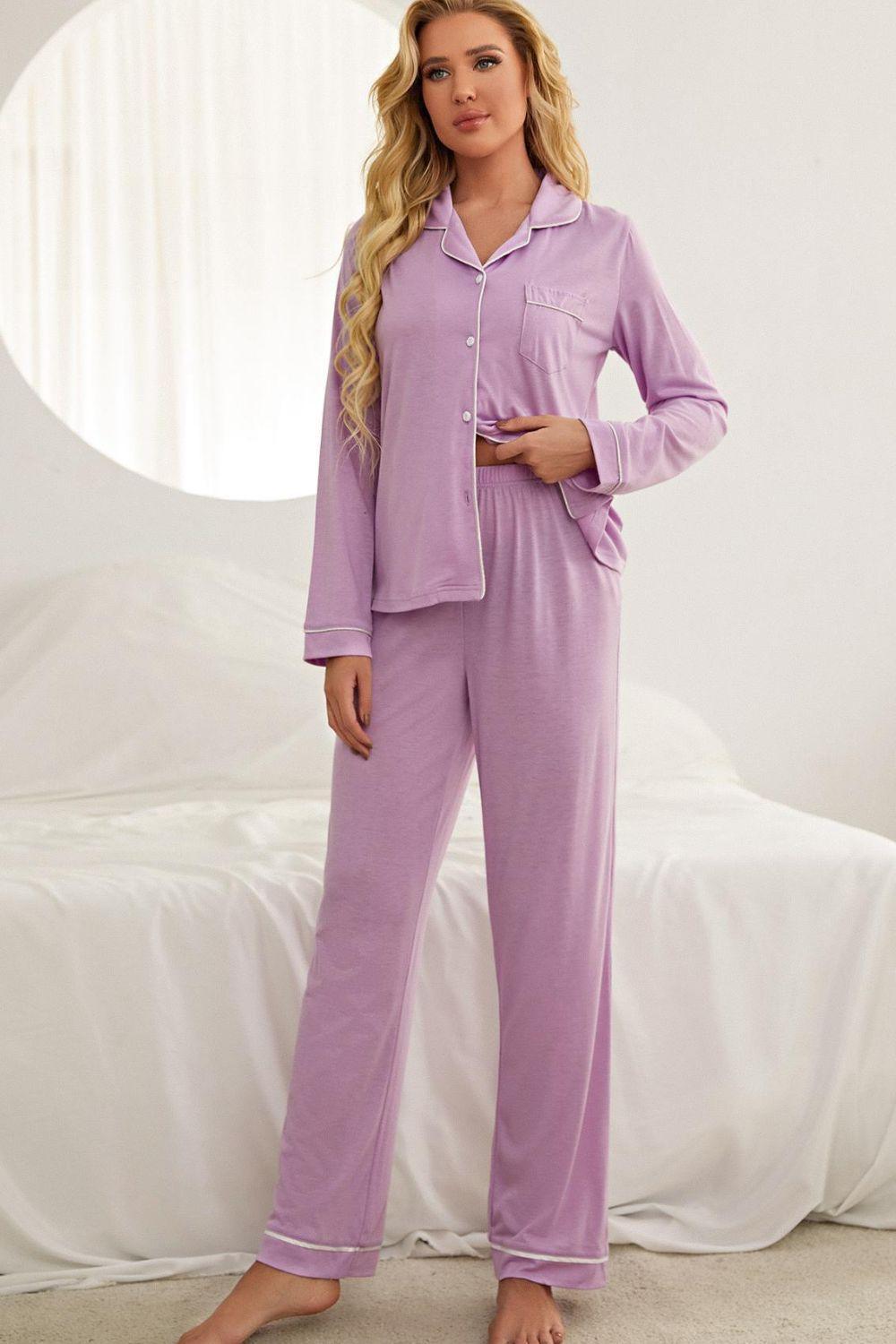 Contrast Piping Button Down Top and Pants Loungewear Set - 808Lush