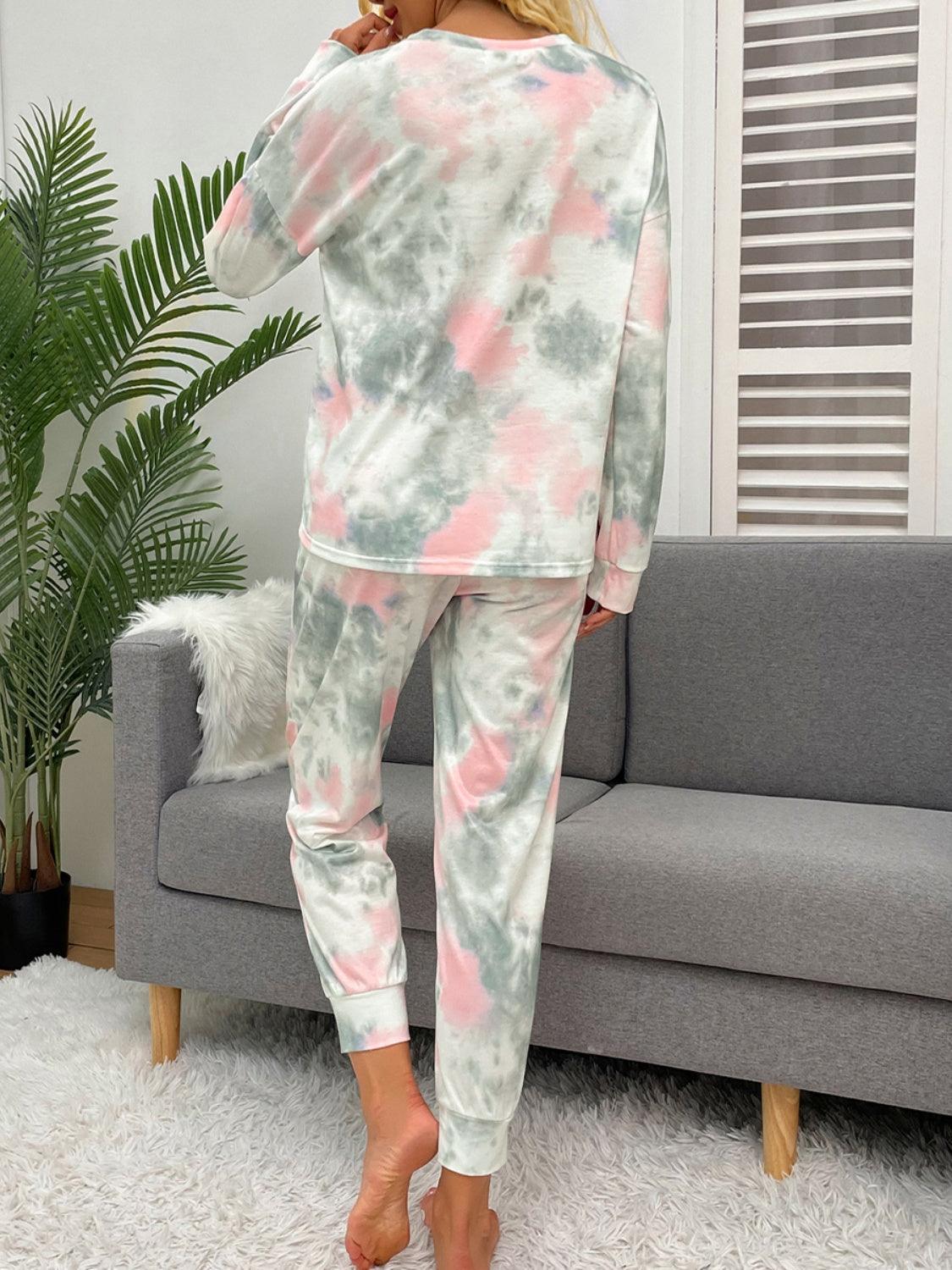 Tie-Dye Round Neck Top and Drawstring Pants Lounge Set - 808Lush