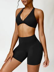 Twisted Halter Neck Bra and Shorts Active Set - 808Lush