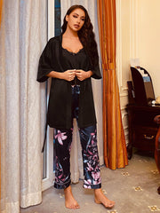 Cami, Robe, and Printed Pants Pajama Set - 808Lush