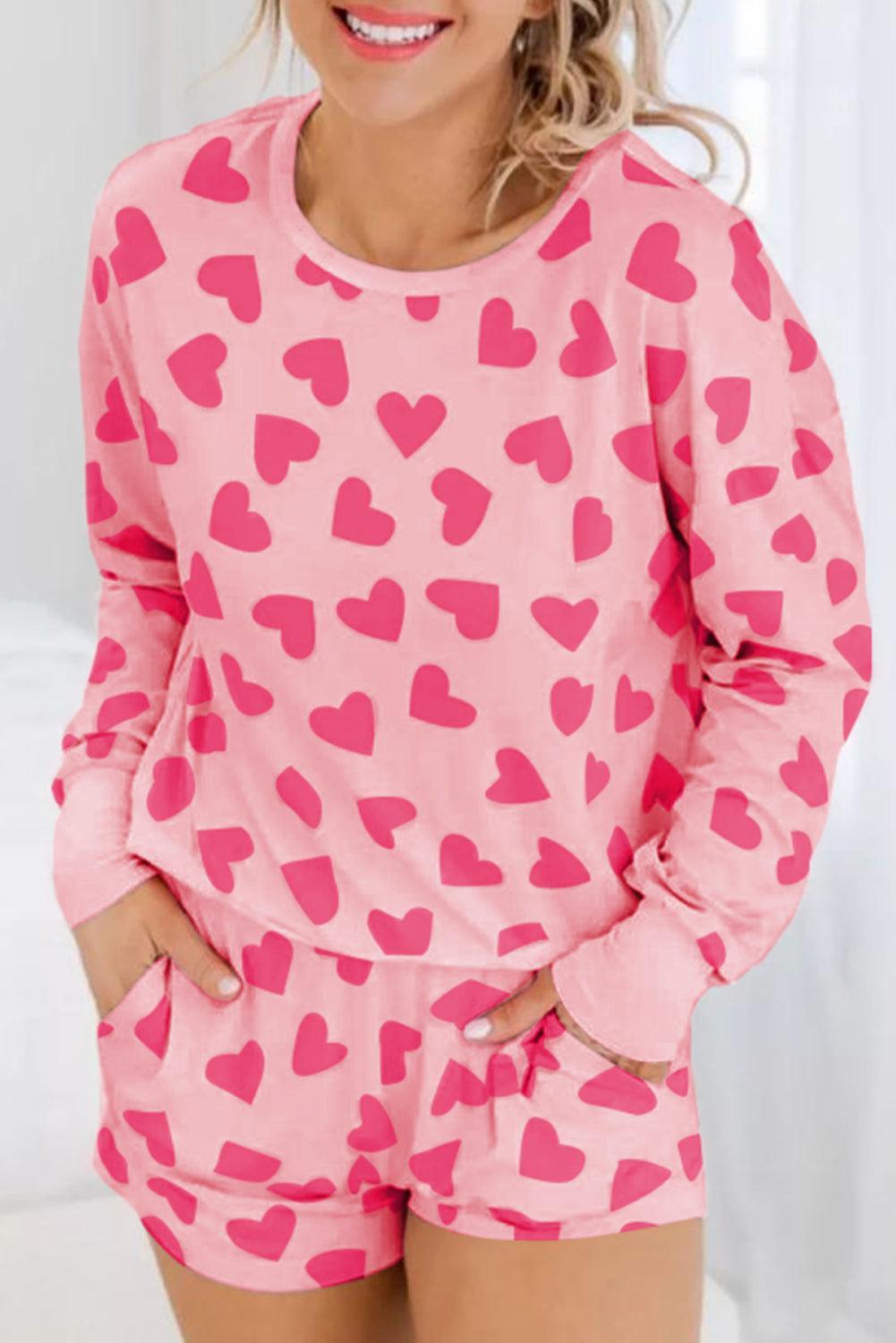 Heart Print Round Neck Top and Shorts Lounge Set - 808Lush