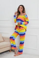 Striped Round Neck Long Sleeve Top and Drawstring Pants Lounge Set - 808Lush