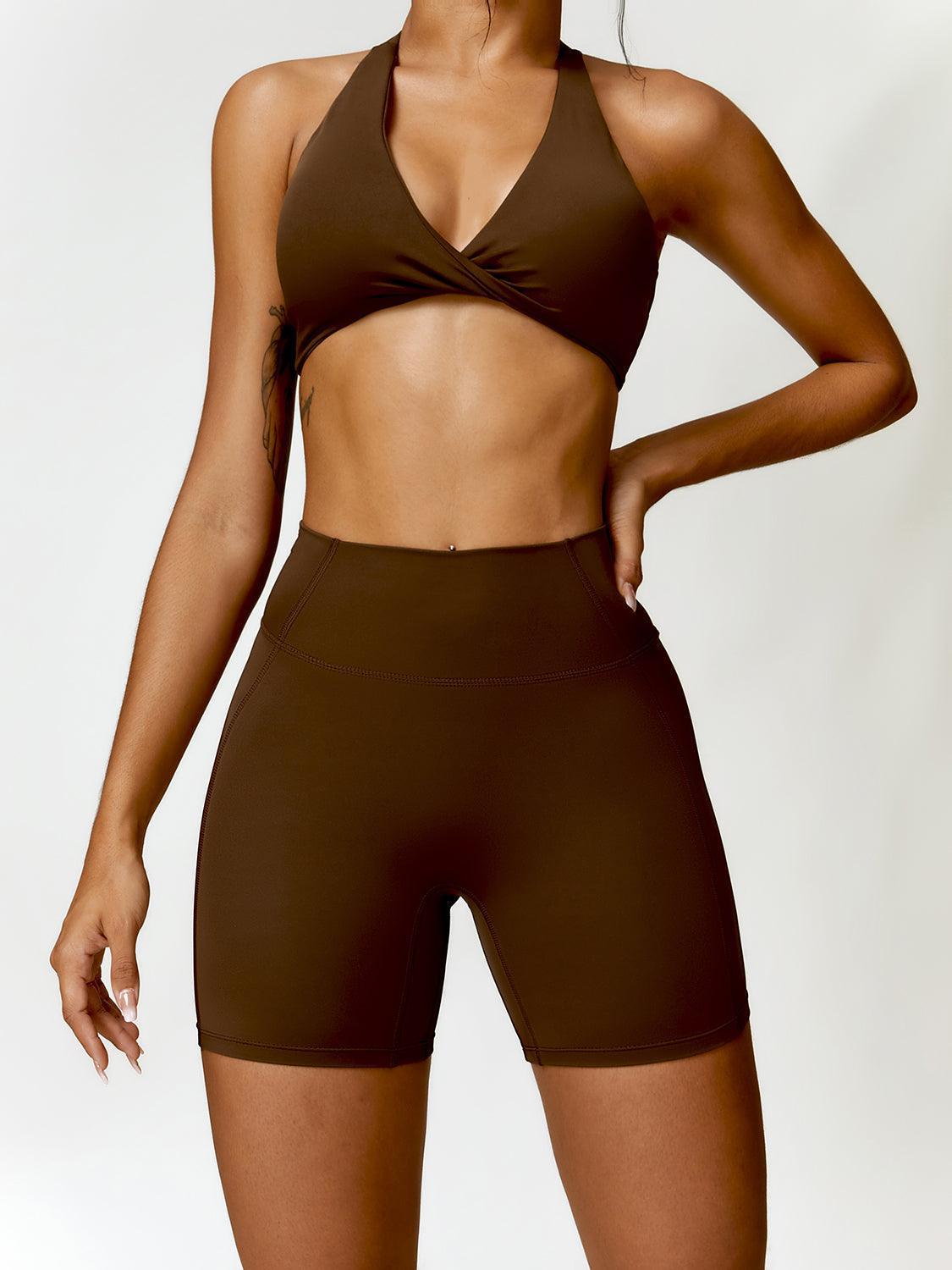 Twisted Halter Neck Bra and Shorts Active Set - 808Lush