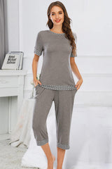 Round Neck Short Sleeve Top and Capris Pants Lounge Set - 808Lush